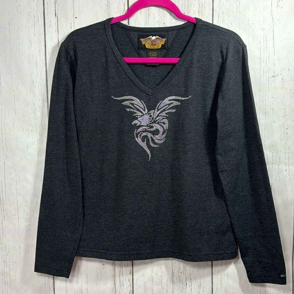 Harley Davidson Rhinestones Embellished Eagle Stretchy Heather Gray Biker Top